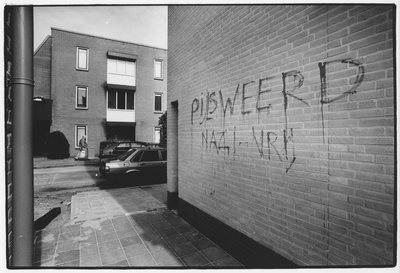 351594 Afbeelding van de leus “Pijlsweerd Nazi Vrij” op een muur in de wijk Pijlsweerd te Utrecht. De leus op de muur ...